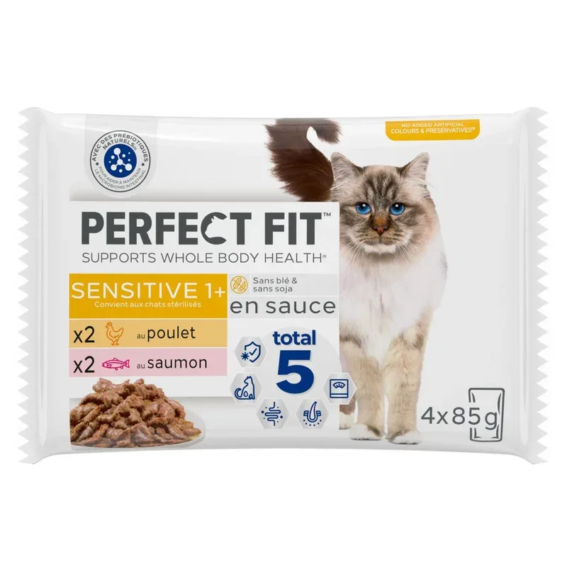 PERFECT FIT Sachets fraîcheur Sensitive en sauce 2 variétés pour chat stérilisé 4 sachets 4x85g pas cher