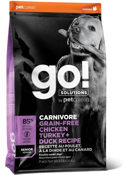 PetCurean GO! Solution – Chien Sénior – Carnivore – Poulet, Dinde et Canard – Sans Grains