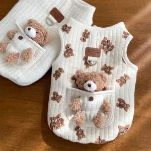 Pull blanc avec nounours marron pour spitz nain
