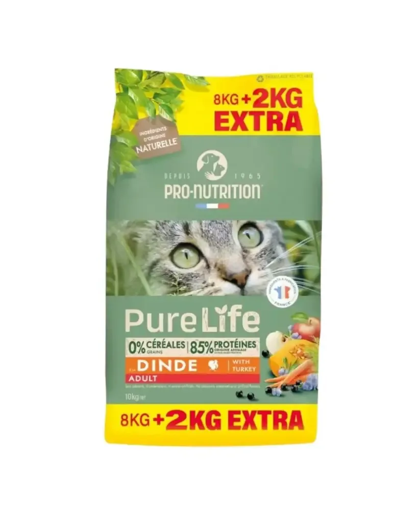 PURE LIFE Chat Adulte Dinde (8 kg + 2 kg offerts) – Pro-Nutrition Flatazor J’ai plus de croquettes