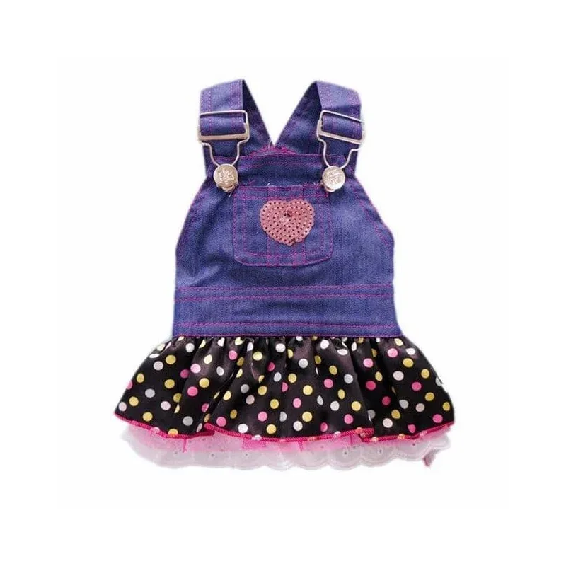 Robe pour chienne en jean avec coeur strass et jupon soie – Vêt’chien