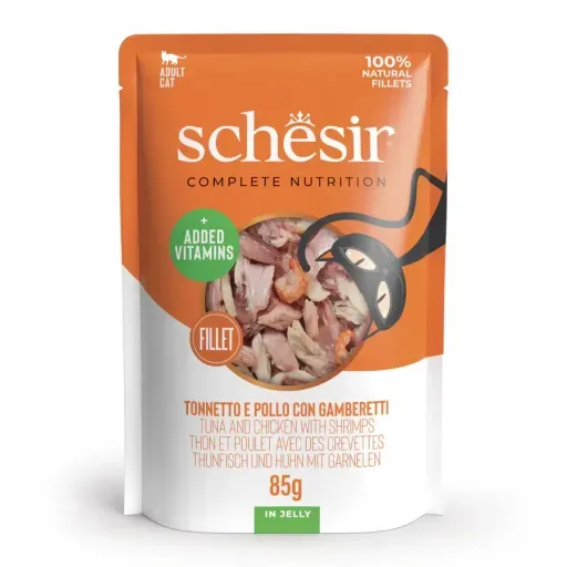 Schesir Nourriture humide au thon et au poulet avec crevettes pour chats – France