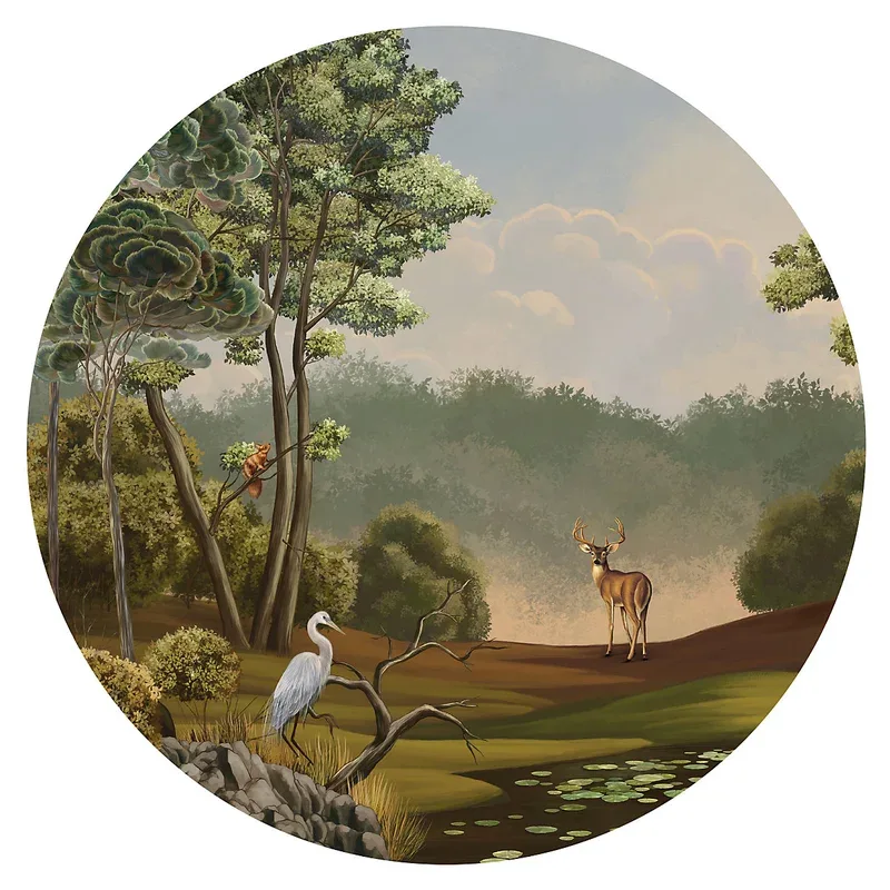 Sticker décoratif autocollant, animaux forêt, cerf, ecureuil, autocollant rond, 68 cm X 48 cm