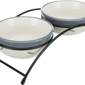 Trixie - Set gamelles, en céramique/métal, 2 × 0,3 l/ø 12 cm/26 × 7 × 14 cm, blanc/bleu-g