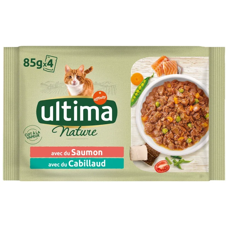 ULTIMA NATURE Sachets repas bouchées saumon et cabillaud pour chat 4x85g pas cher