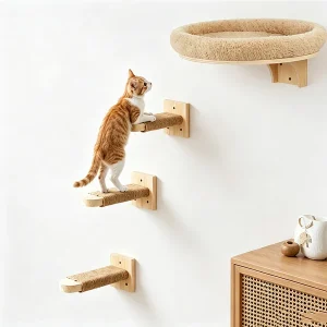 Wall Mounted Cat Hammock, Cat Wall Steps, Cat Wall Tree Rope, Soft Cat Wall Perch, Natural Wooden Cat Wall Shelf Furniture