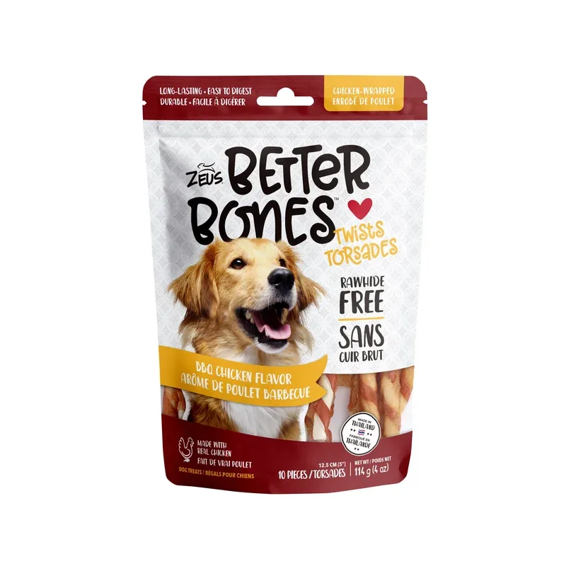 Zeus Better Bones – Bâtonnets Torsadés Saveur de Poulet Barbecue Enrobés de Poulet – Gâteries Sans Cuir Brut pour Chiens